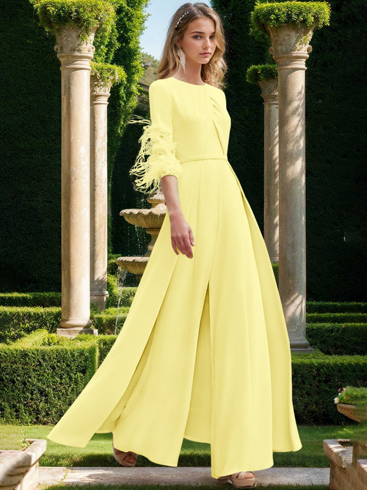 Jewel Neck Half Sleeves Ankle-Length Mother Of The Bride Pantsuits With Feathers