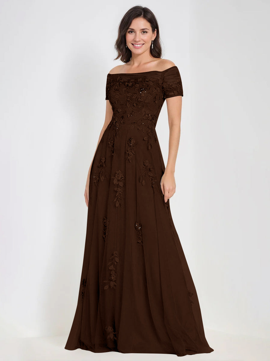 A-Line Off-the-Shoulder Sleeveless Mother Of The Bride & Groom Dresses with Appliques Brown A-Line Off-the-Shoulder Sleeveless Mother Of The Bride & Groom Dresses with Appliques Brown