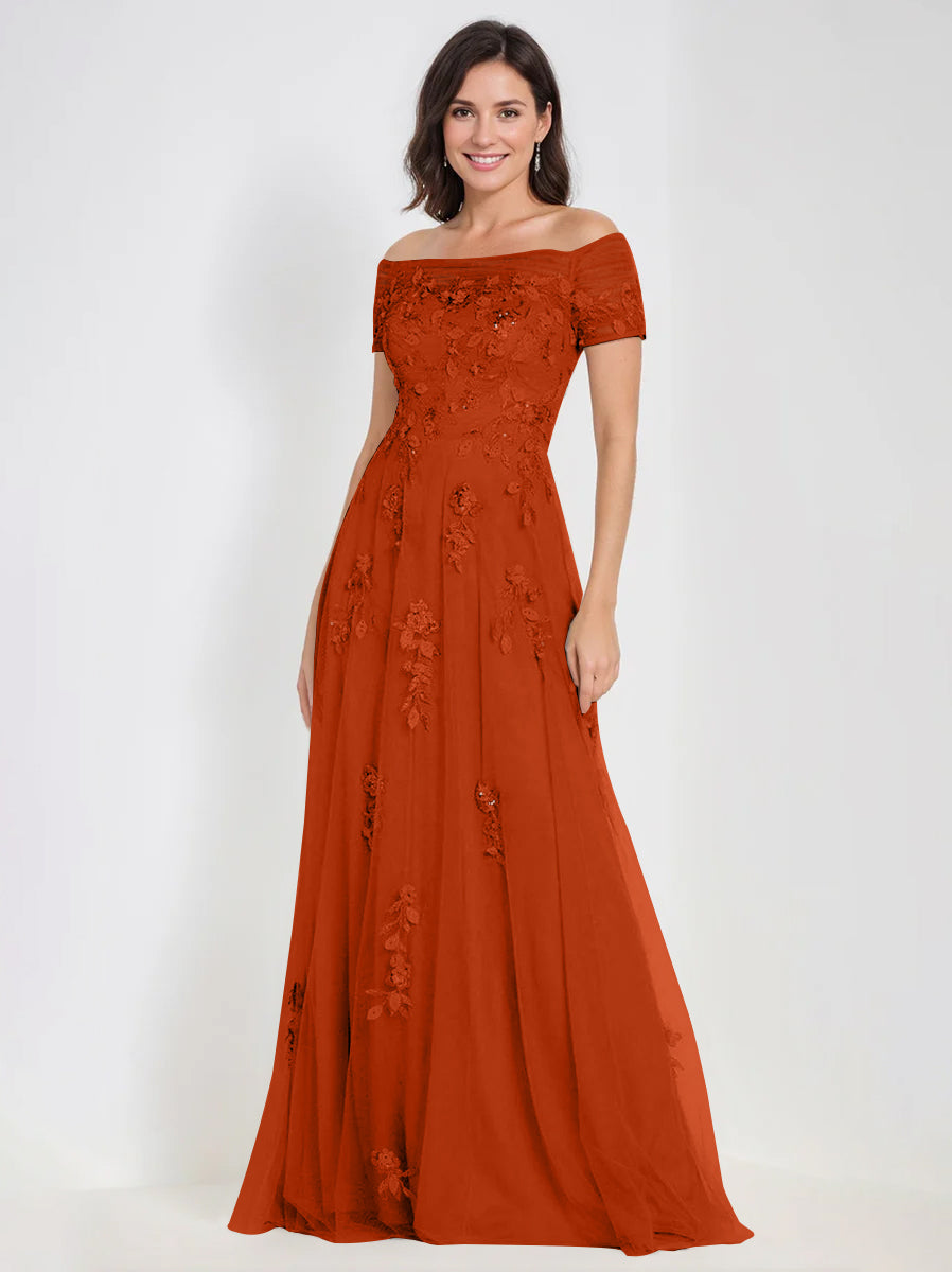 A-Line Off-the-Shoulder Sleeveless Mother Of The Bride & Groom Dresses with Appliques Burnt Orange A-Line Off-the-Shoulder Sleeveless Mother Of The Bride & Groom Dresses with Appliques Burnt Orange