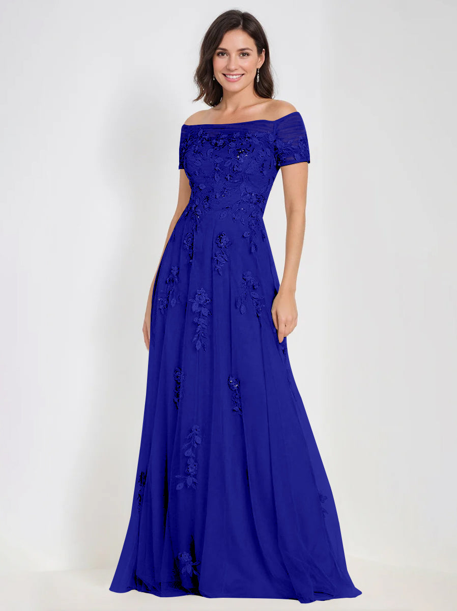mother of the groom royal blue dress A-Line Off-the-Shoulder Sleeveless Mother Of The Bride & Groom Dresses with Appliques Dark Royal Blue
