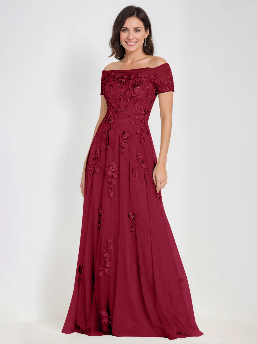 sleeveless women's bright red off the shoulder dress A-Line Off-the-Shoulder Sleeveless Mother Of The Bride & Groom Dresses with Appliques Light Burgundy