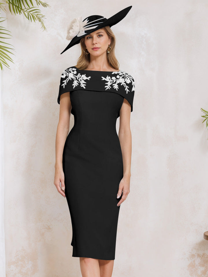 Sheath/Column Off-the-Shoulder Short Sleeves Tea-Length Mother of the Bride Dresses with Appliques, Embroidery, Bowknot & Pearls
