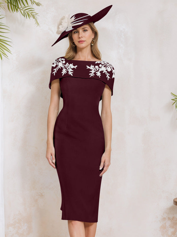 Sheath/Column Off-the-Shoulder Short Sleeves Tea-Length Mother of the Bride Dresses with Appliques, Embroidery, Bowknot & Pearls