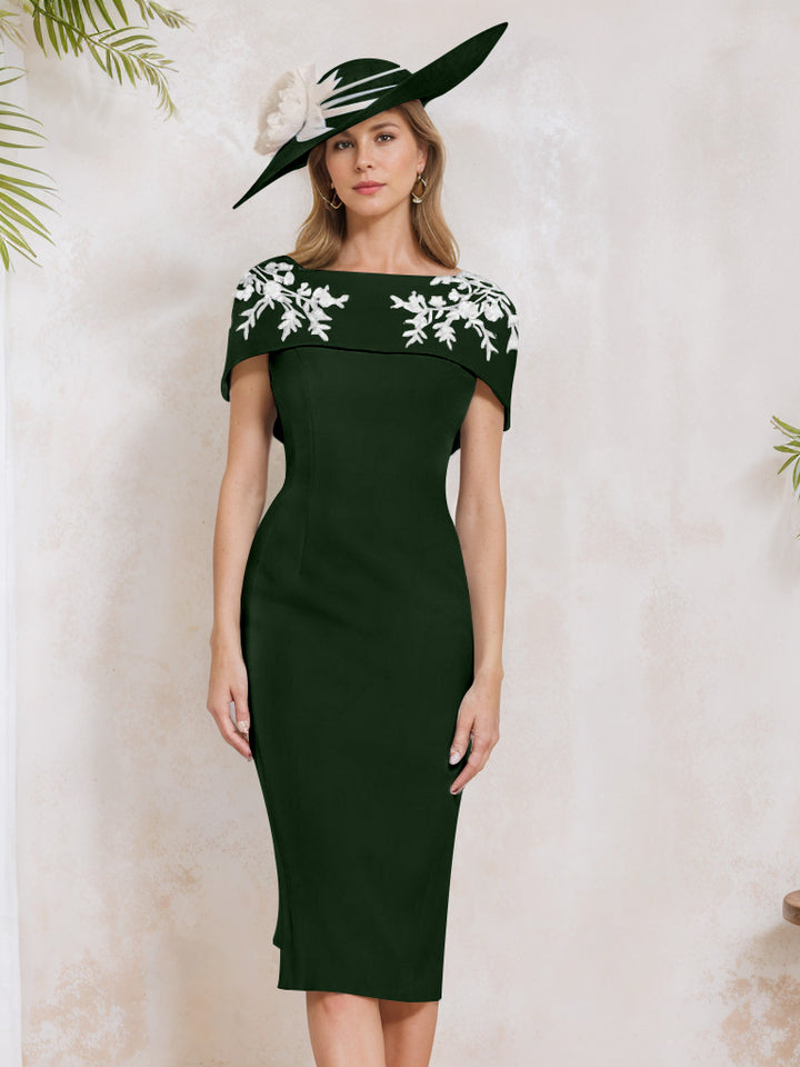Sheath/Column Off-the-Shoulder Short Sleeves Tea-Length Mother of the Bride Dresses with Appliques, Embroidery, Bowknot & Pearls