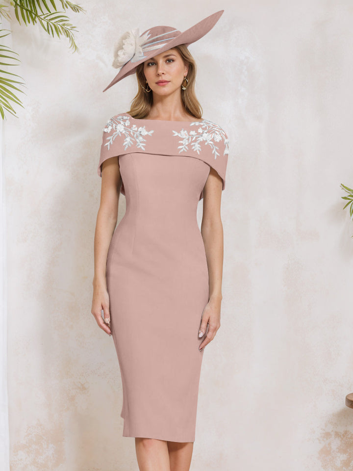 Sheath/Column Off-the-Shoulder Short Sleeves Tea-Length Mother of the Bride Dresses with Appliques, Embroidery, Bowknot & Pearls