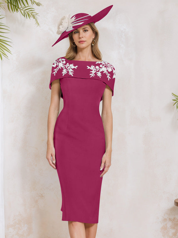 Sheath/Column Off-the-Shoulder Short Sleeves Tea-Length Mother of the Bride Dresses with Appliques, Embroidery, Bowknot & Pearls
