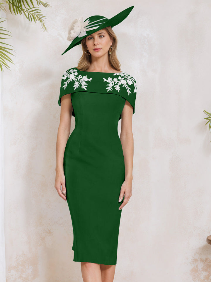 Sheath/Column Off-the-Shoulder Short Sleeves Tea-Length Mother of the Bride Dresses with Appliques, Embroidery, Bowknot & Pearls