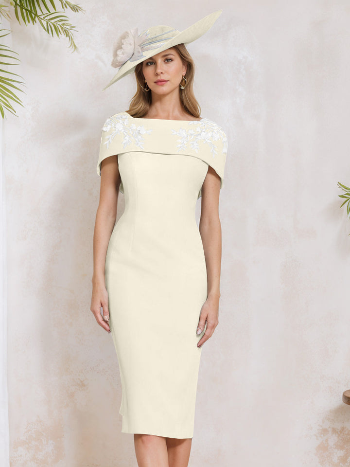 Sheath/Column Off-the-Shoulder Short Sleeves Tea-Length Mother of the Bride Dresses with Appliques, Embroidery, Bowknot & Pearls