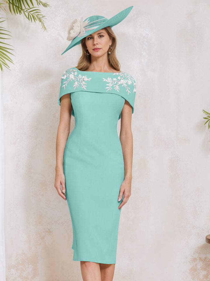 Sheath/Column Off-the-Shoulder Short Sleeves Tea-Length Mother of the Bride Dresses with Appliques, Embroidery, Bowknot & Pearls