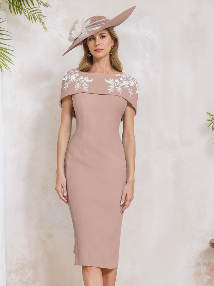 Sheath/Column Off-the-Shoulder Short Sleeves Tea-Length Mother of the Bride Dresses with Appliques, Embroidery, Bowknot & Pearls
