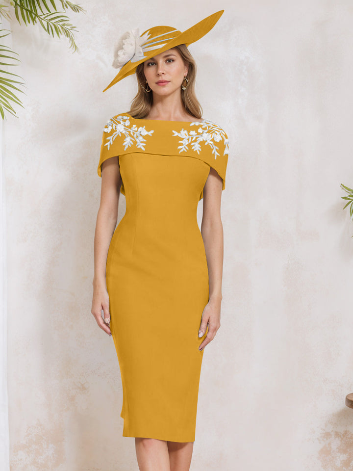 Sheath/Column Off-the-Shoulder Short Sleeves Tea-Length Mother of the Bride Dresses with Appliques, Embroidery, Bowknot & Pearls