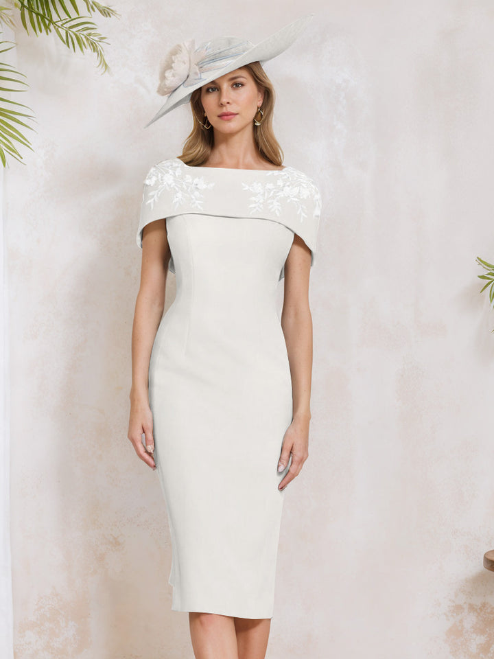Sheath/Column Off-the-Shoulder Short Sleeves Tea-Length Mother of the Bride Dresses with Appliques, Embroidery, Bowknot & Pearls