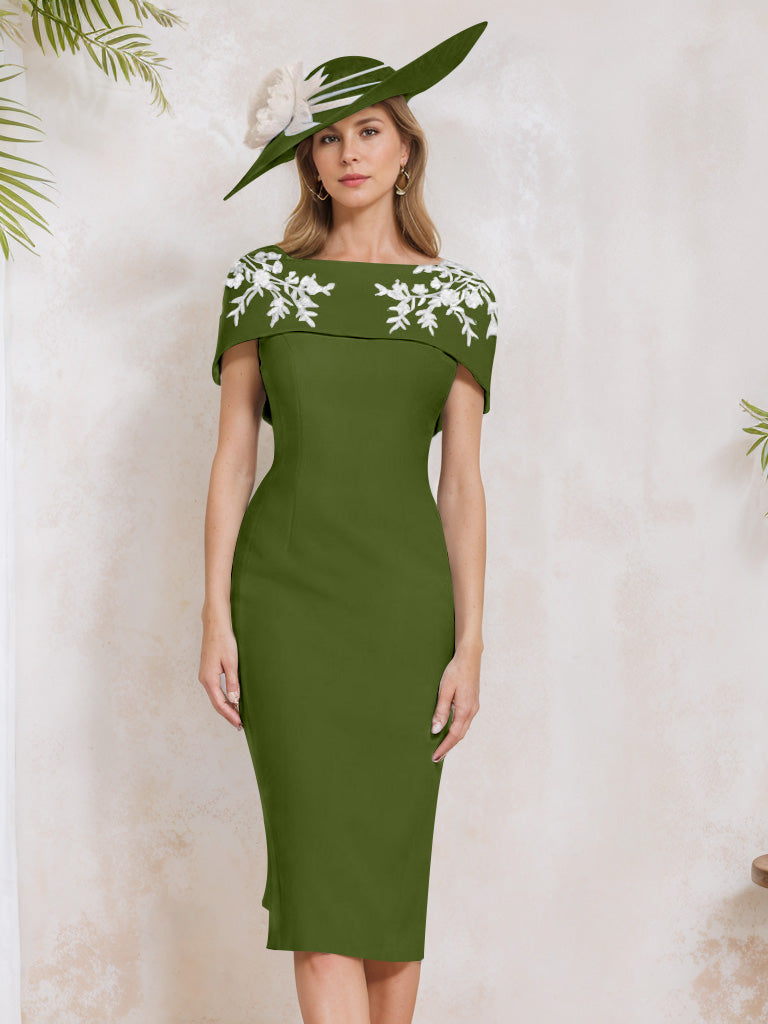 Sheath/Column Off-the-Shoulder Short Sleeves Tea-Length Mother of the Bride Dresses with Appliques, Embroidery, Bowknot & Pearls