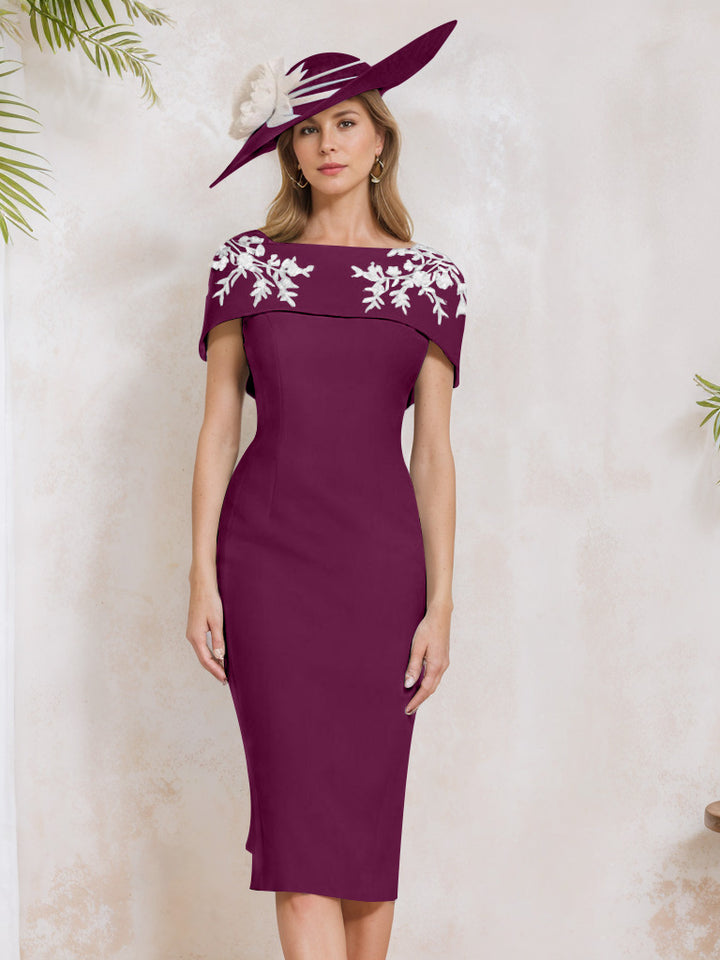 Sheath/Column Off-the-Shoulder Short Sleeves Tea-Length Mother of the Bride Dresses with Appliques, Embroidery, Bowknot & Pearls
