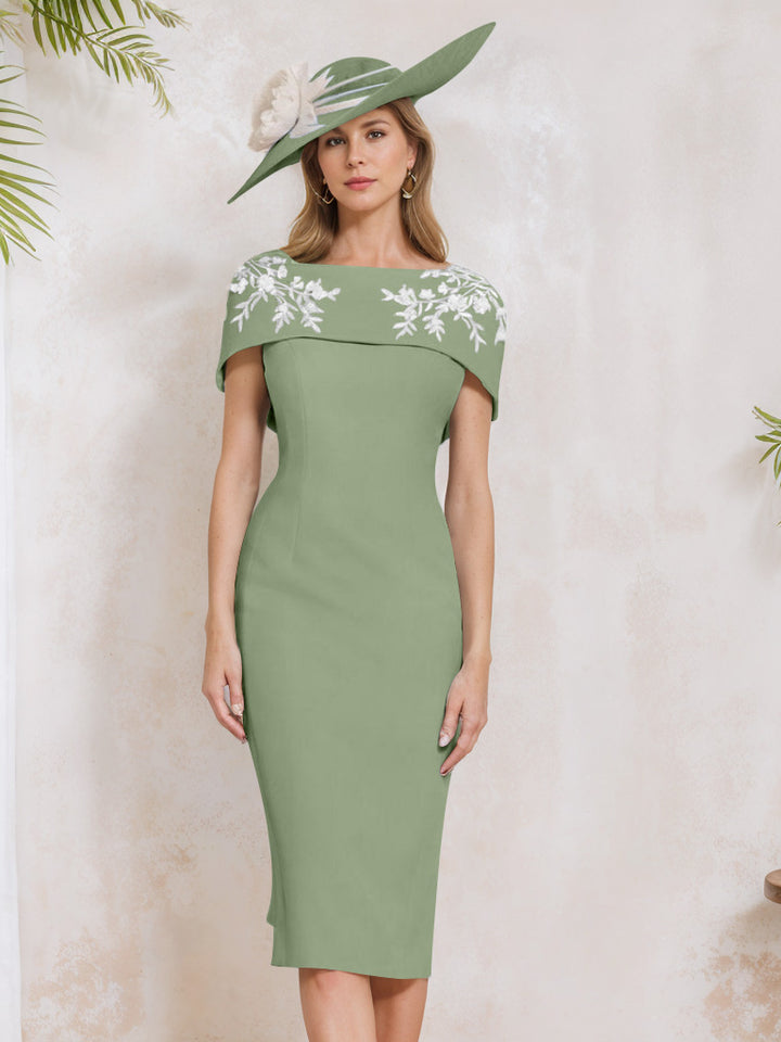 Sheath/Column Off-the-Shoulder Short Sleeves Tea-Length Mother of the Bride Dresses with Appliques, Embroidery, Bowknot & Pearls