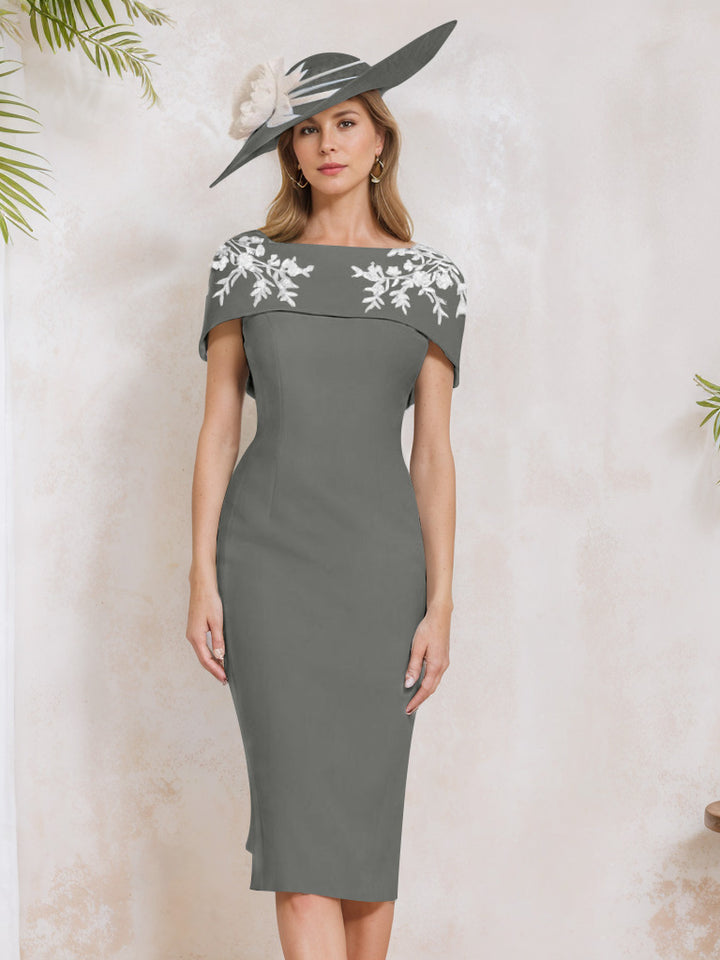 Sheath/Column Off-the-Shoulder Short Sleeves Tea-Length Mother of the Bride Dresses with Appliques, Embroidery, Bowknot & Pearls