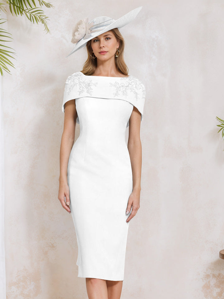 Sheath/Column Off-the-Shoulder Short Sleeves Tea-Length Mother of the Bride Dresses with Appliques, Embroidery, Bowknot & Pearls