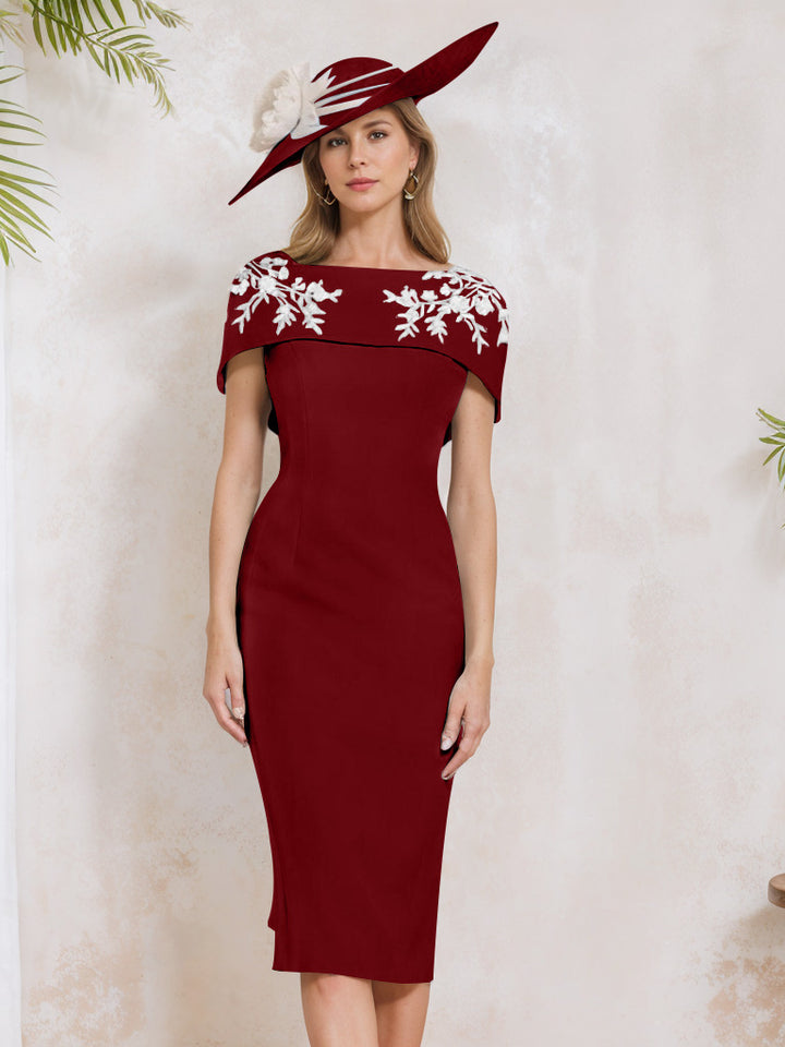 Sheath/Column Off-the-Shoulder Short Sleeves Tea-Length Mother of the Bride Dresses with Appliques, Embroidery, Bowknot & Pearls
