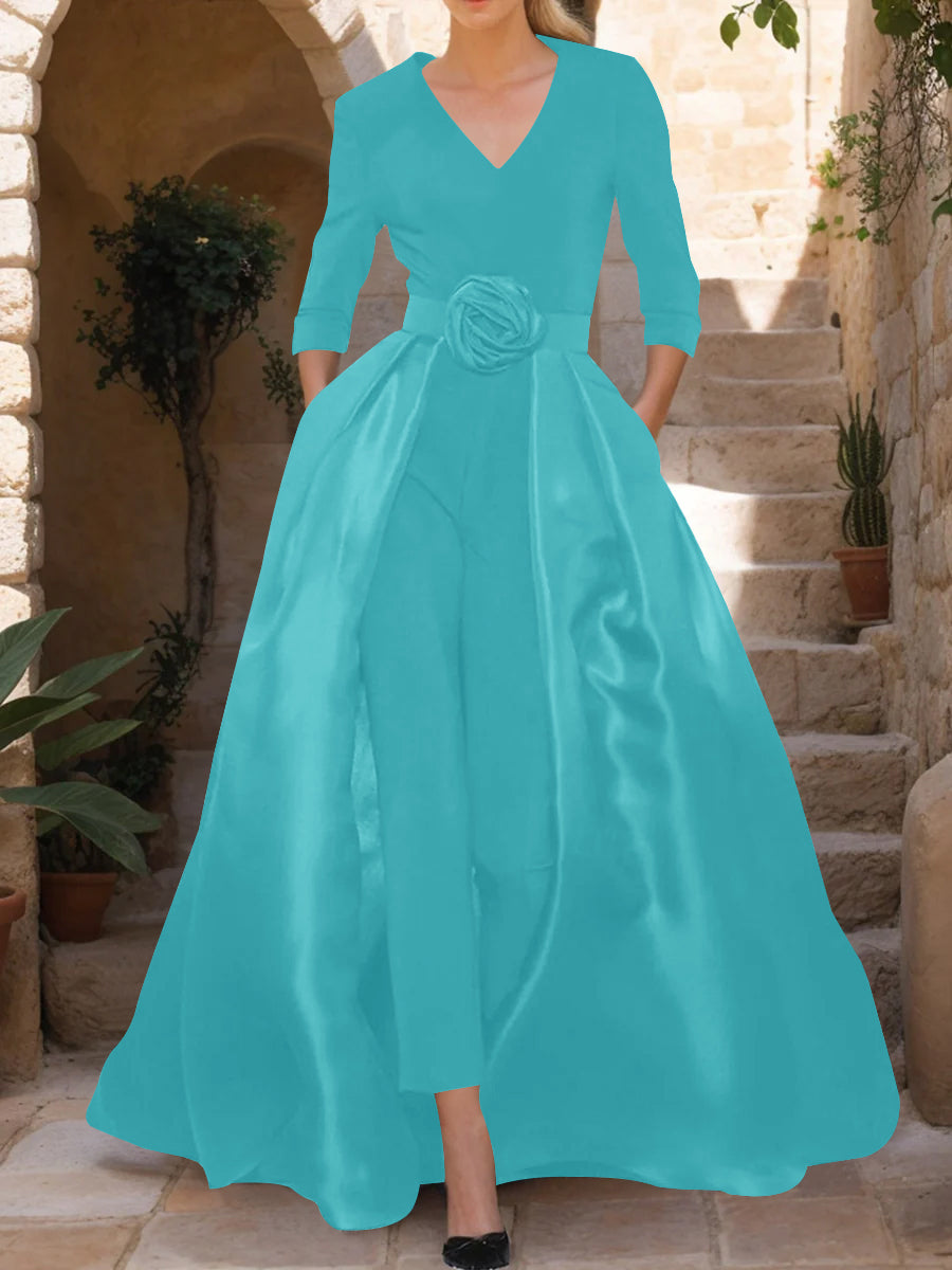 V-Neck 3/4 Sleeves Mother of the Bride Jumpsuit with Flower Belt