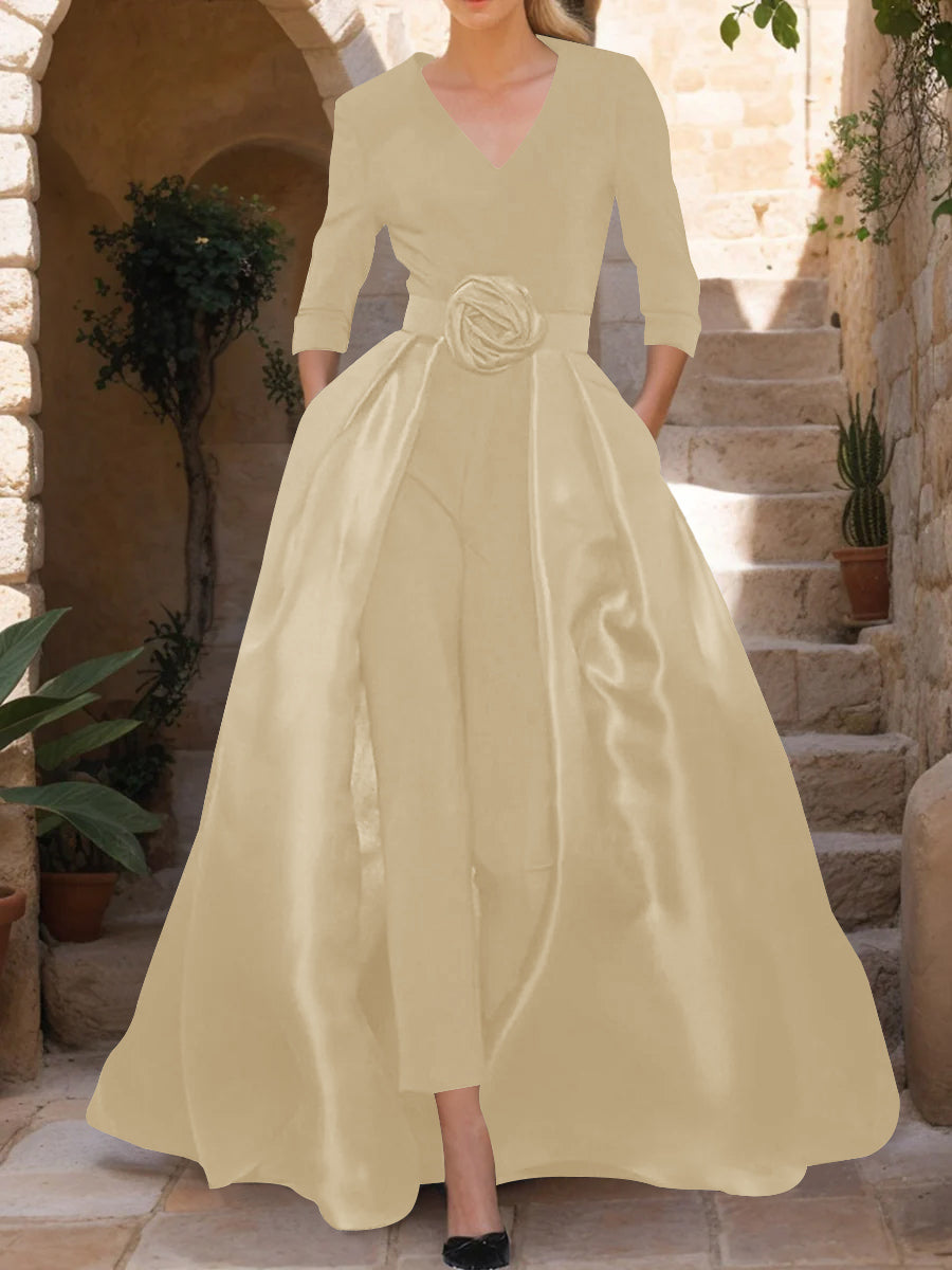 V-Neck 3/4 Sleeves Mother of the Bride Jumpsuit with Flower Belt