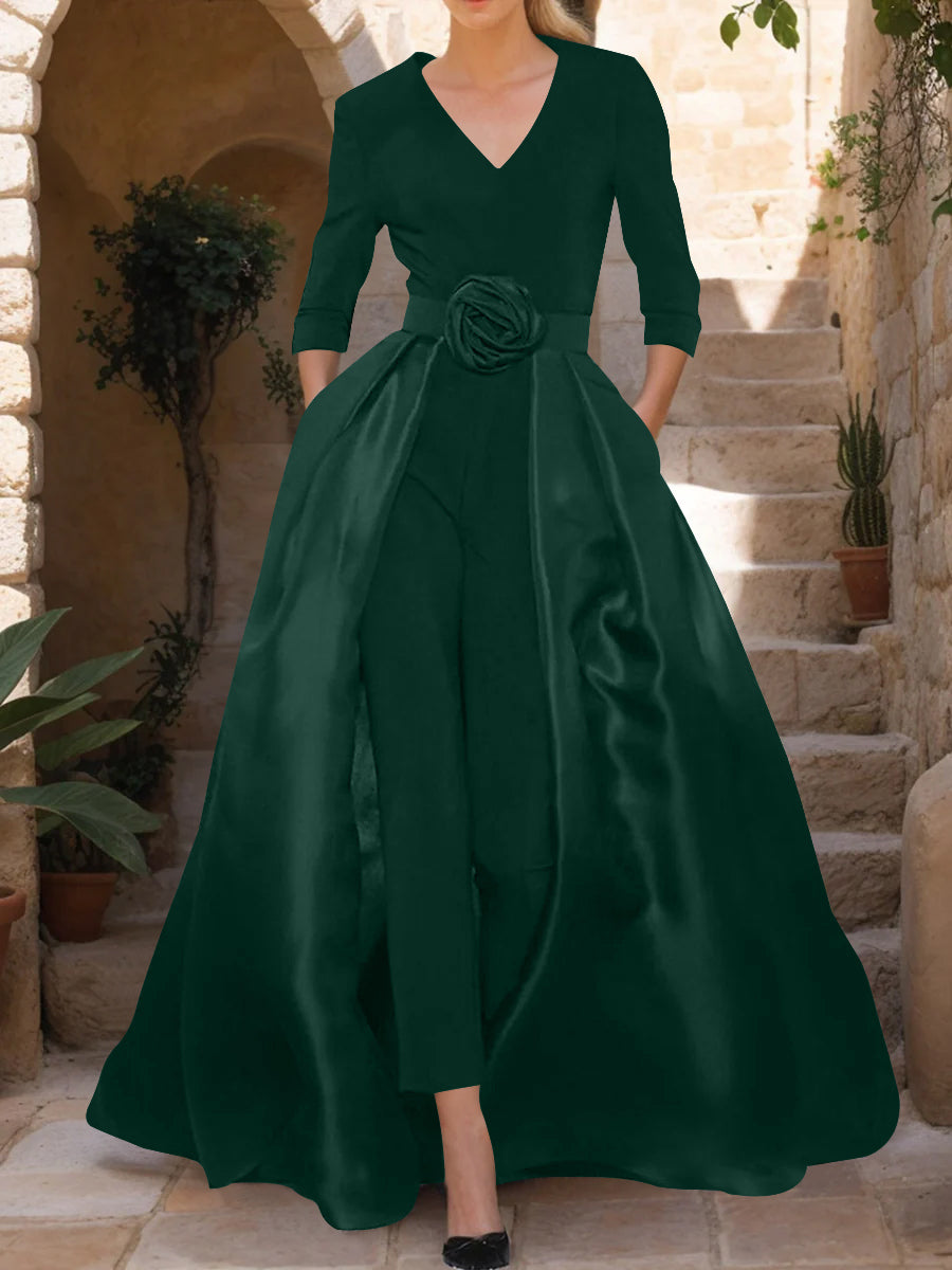 V-Neck 3/4 Sleeves Mother of the Bride Jumpsuit with Flower Belt