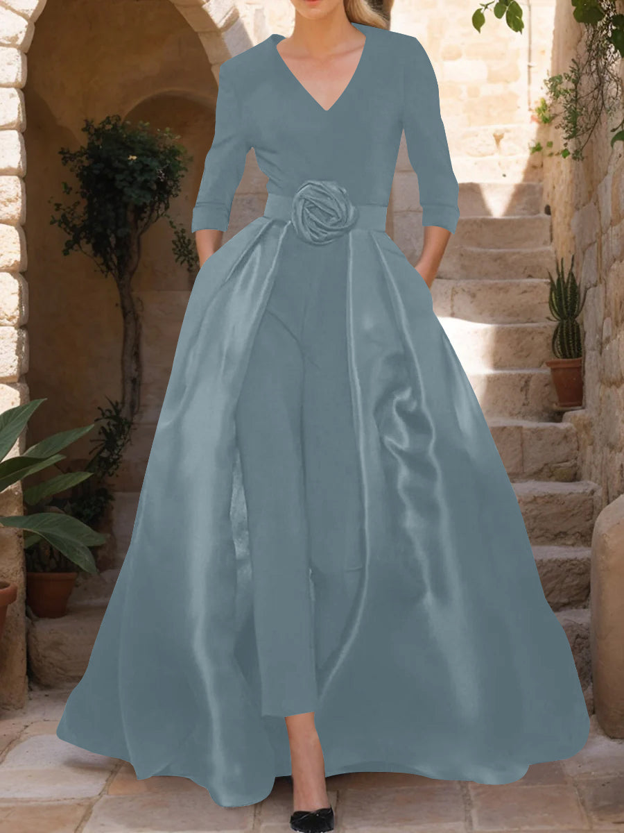 V-Neck 3/4 Sleeves Mother of the Bride Jumpsuit with Flower Belt