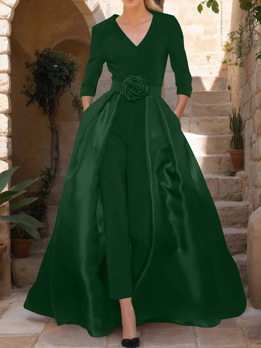 V-Neck 3/4 Sleeves Mother of the Bride Jumpsuit with Flower Belt Green Black V-Neck 3/4 Sleeves Mother of the Bride Jumpsuit with Flower Belt Green Black