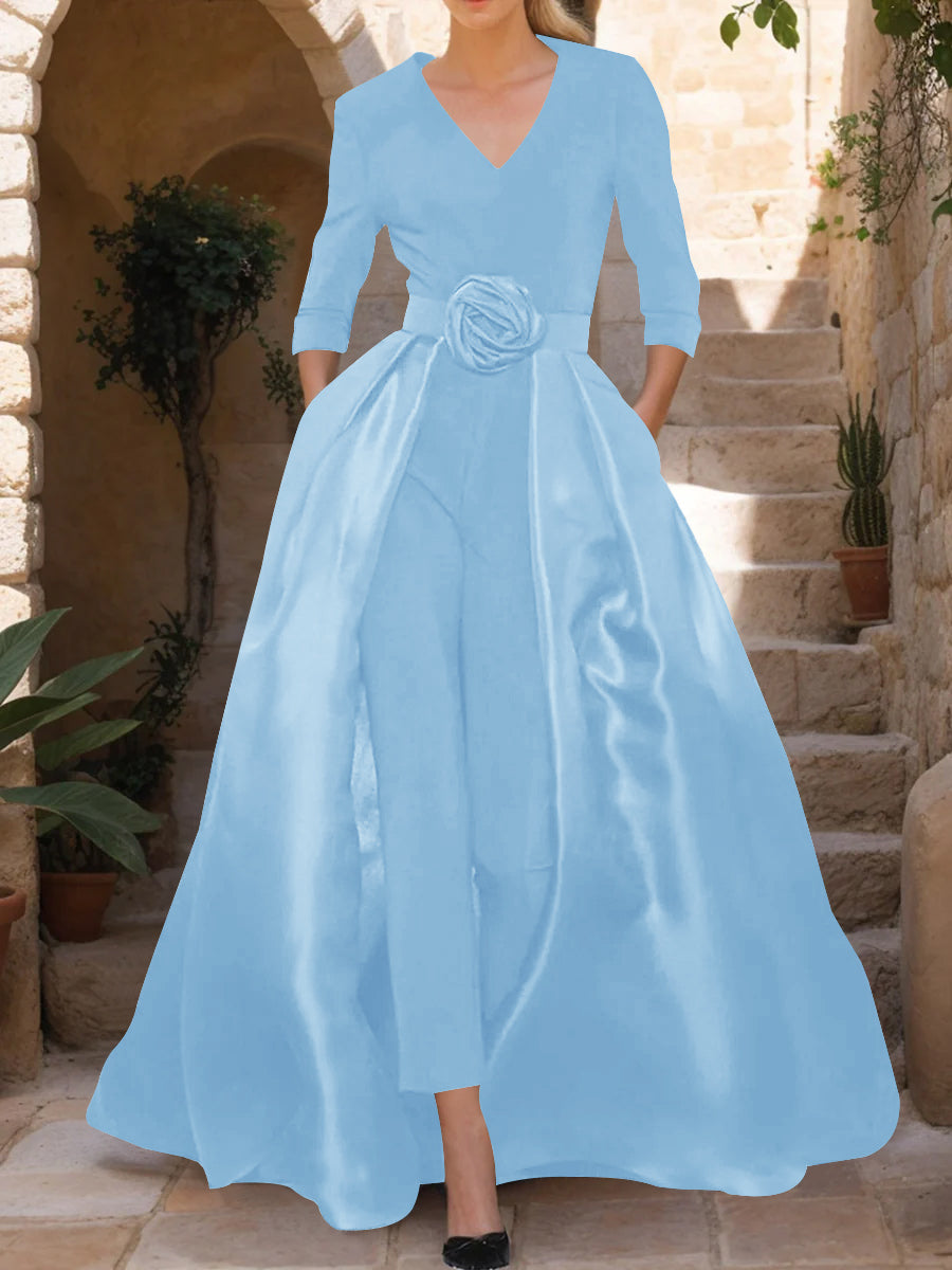 V-Neck 3/4 Sleeves Mother of the Bride Jumpsuit with Flower Belt