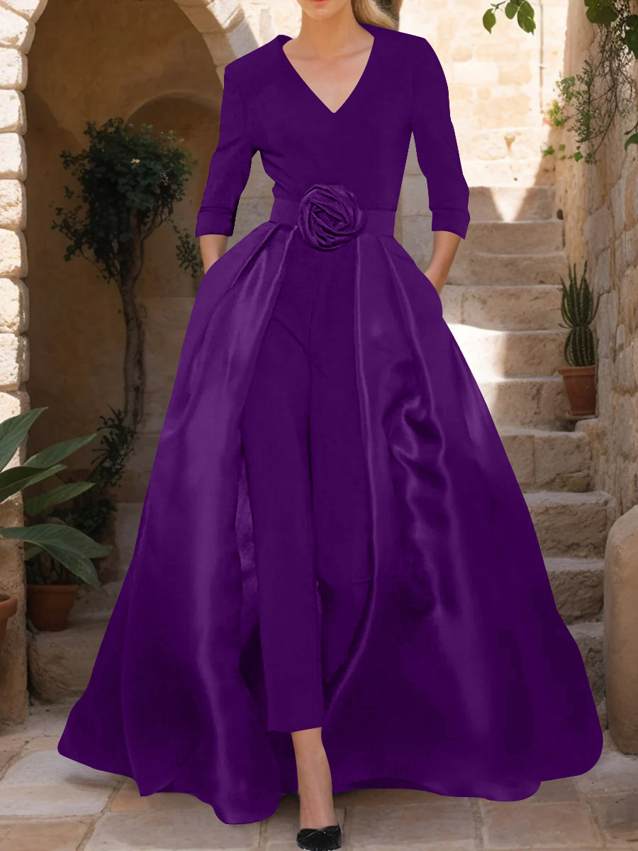 V-Neck 3/4 Sleeves Mother of the Bride Jumpsuit with Flower Belt