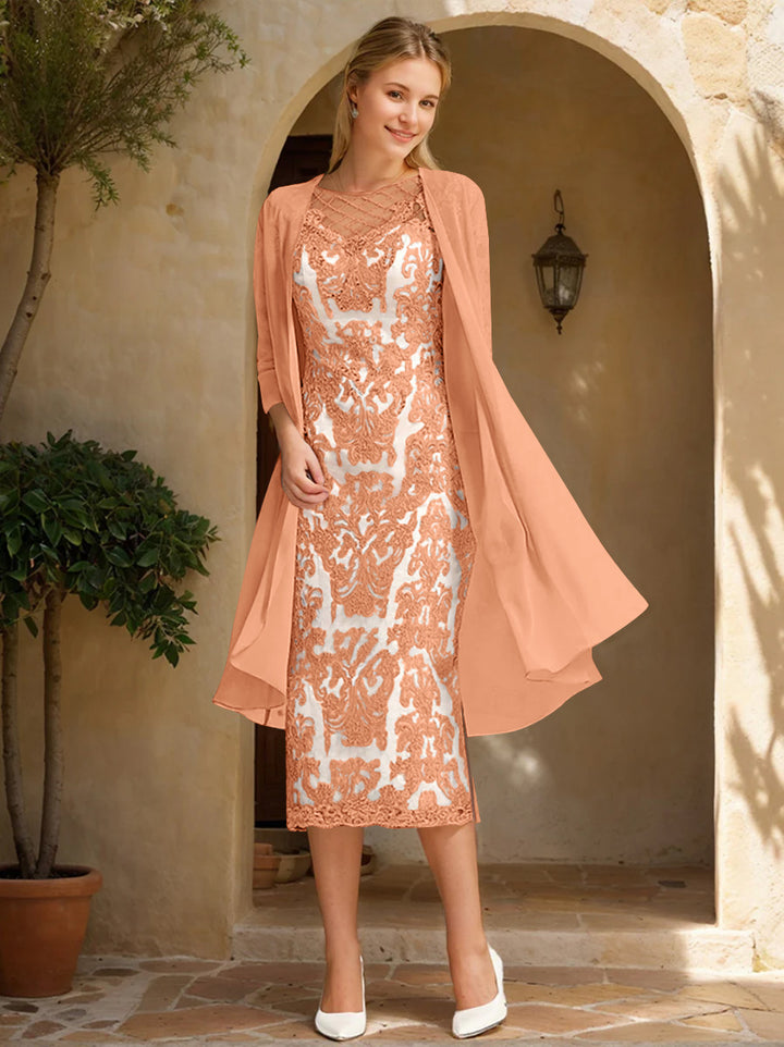 Two Pieces Sheath/Column Jewel Neck Mother of the Bride & Groom Dresses with Lace Appliques & Beadings