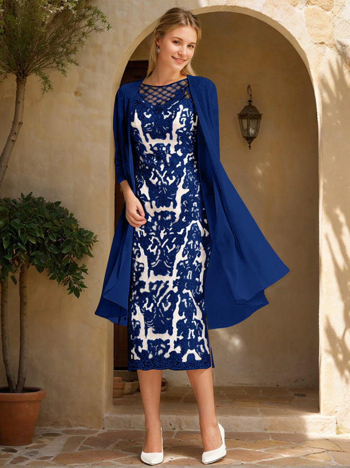 Two Pieces Sheath/Column Jewel Neck Mother of the Bride & Groom Dresses with Lace Appliques & Beadings