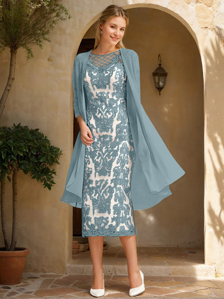 Two Pieces Sheath/Column Jewel Neck Mother of the Bride & Groom Dresses with Lace Appliques & Beadings