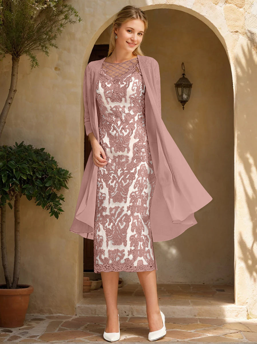 Two Pieces Sheath/Column Jewel Neck Mother of the Bride & Groom Dresses with Lace Appliques & Beadings