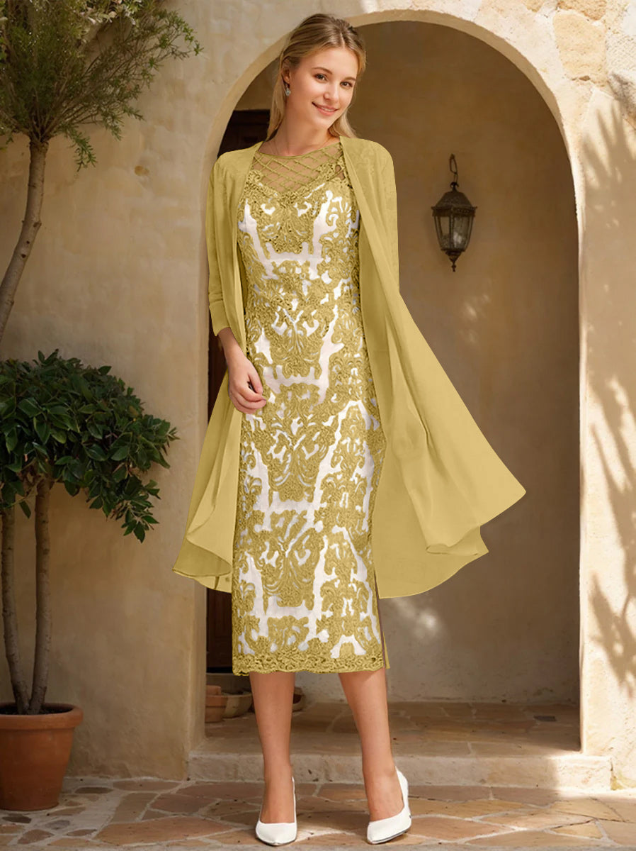 Two Pieces Sheath/Column Jewel Neck Mother of the Bride & Groom Dresses with Lace Appliques & Beadings