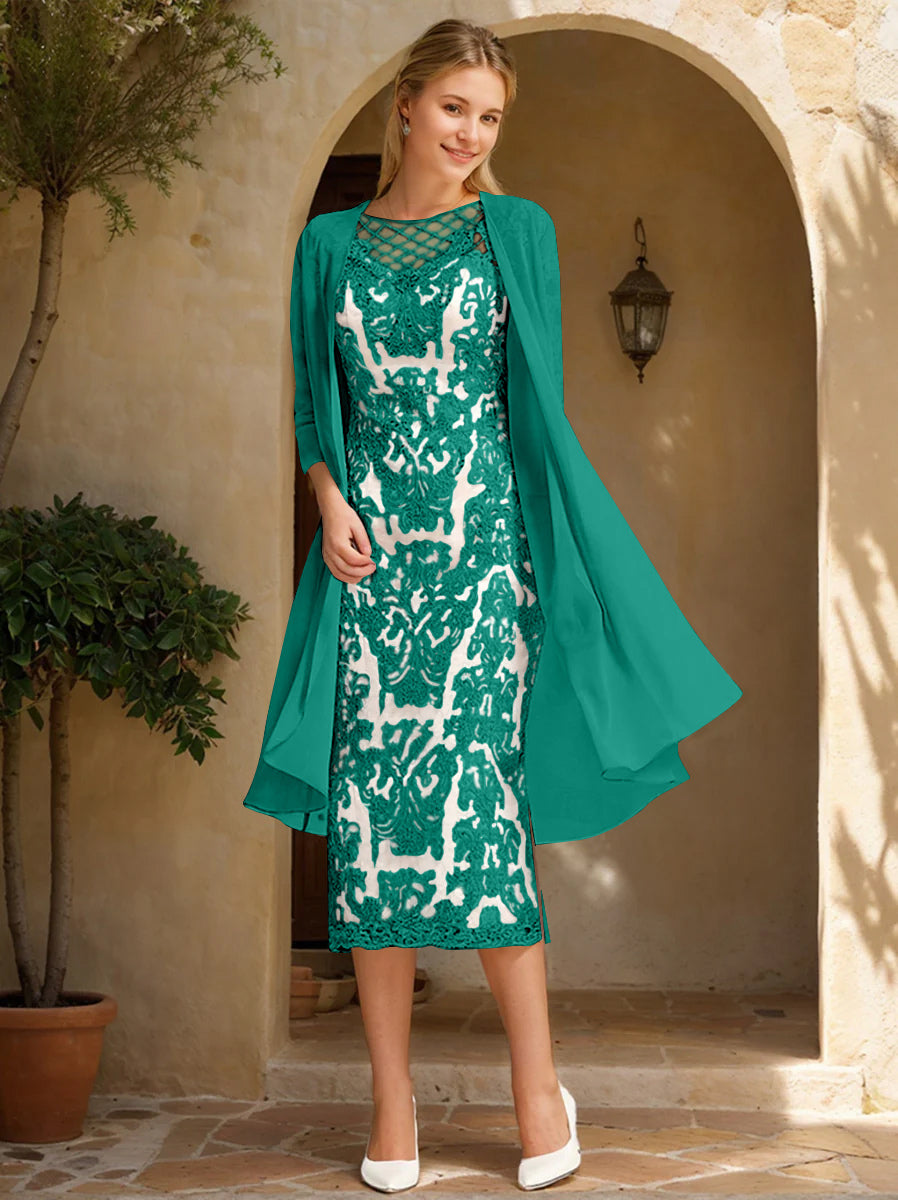 Two Pieces Sheath/Column Jewel Neck Mother of the Bride & Groom Dresses with Lace Appliques & Beadings