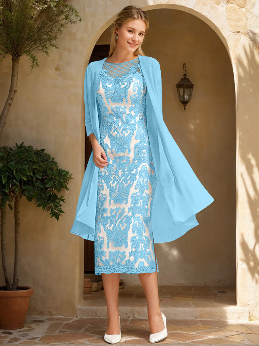 Two Pieces Sheath/Column Jewel Neck Mother of the Bride & Groom Dresses with Lace Appliques & Beadings