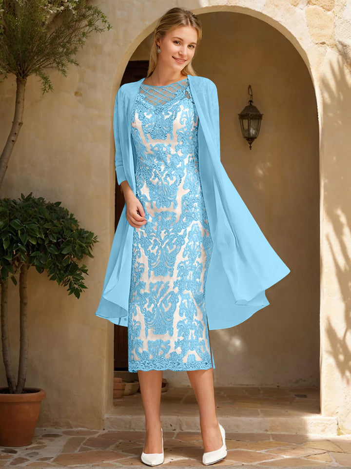 Two Pieces Sheath/Column Jewel Neck Mother of the Bride & Groom Dresses with Lace Appliques & Beadings