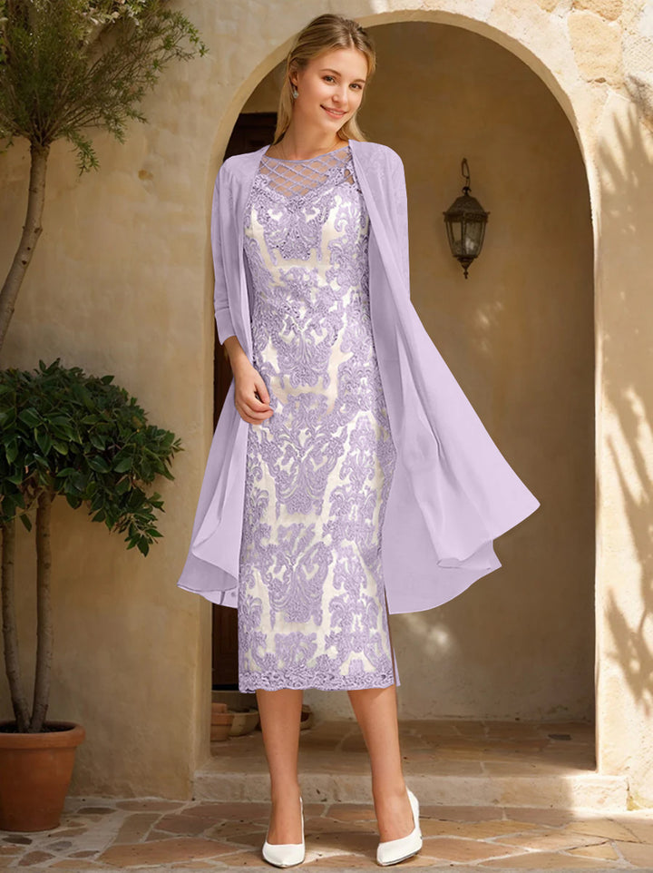 Two Pieces Sheath/Column Jewel Neck Mother of the Bride & Groom Dresses with Lace Appliques & Beadings