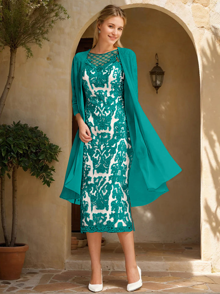 Two Pieces Sheath/Column Jewel Neck Mother of the Bride & Groom Dresses with Lace Appliques & Beadings