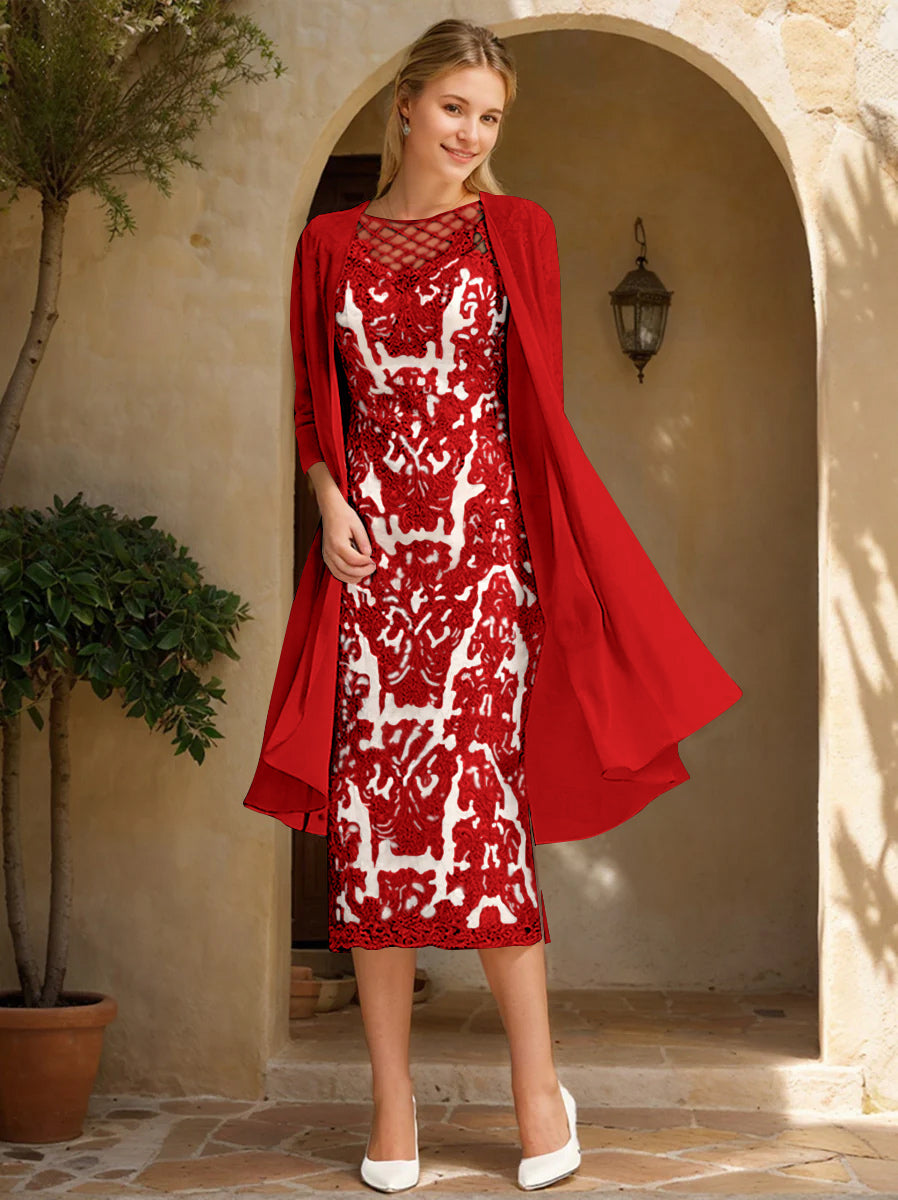 Two Pieces Sheath/Column Jewel Neck Mother of the Bride & Groom Dresses with Lace Appliques & Beadings