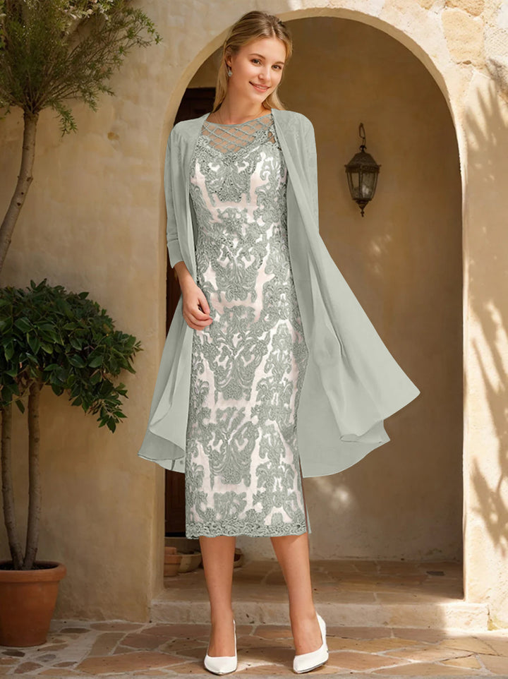 Two Pieces Sheath/Column Jewel Neck Mother of the Bride & Groom Dresses with Lace Appliques & Beadings