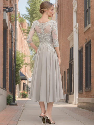 A-Line/Princess Scoop Half Sleeves Tea-Length Ruched Mother of the Bride with Beading & Cape main image 1