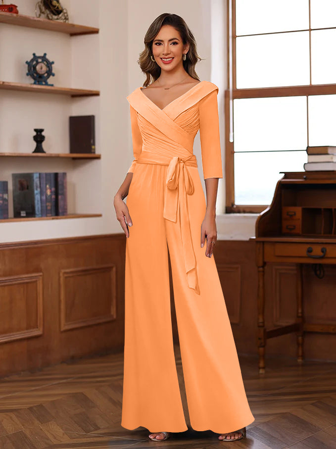 Ruched Chiffon V-Neck 3/4 Sleeves Mother of the Jumpsuit - Mondressy