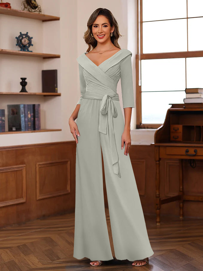 Ruched Chiffon V-Neck 3/4 Sleeves Mother of the Jumpsuit Dark Green
