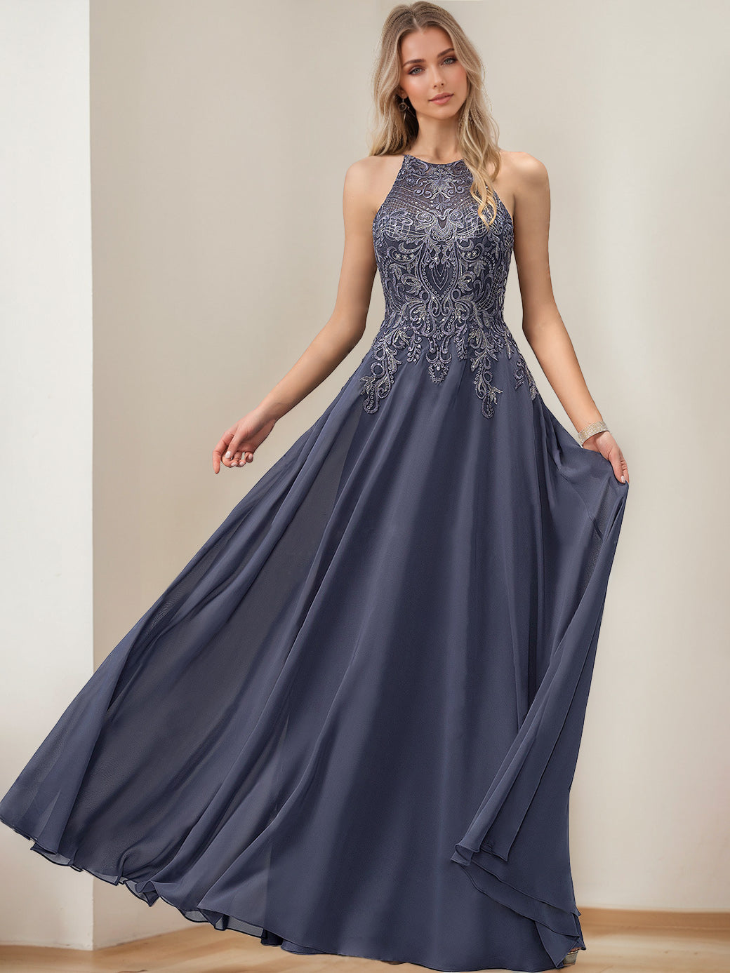 Chic Mother of the Bride Dresses A-Line/Princess Halter Sleeveless Floor-Length Sequins Appliques Formal Guest Evening Gowns, Stormy
