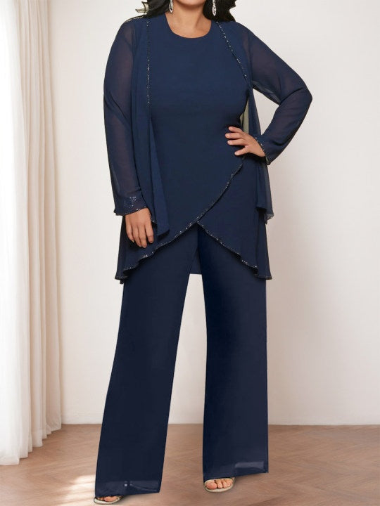 Chiffon Round Neck Mother of the Bride Pantsuits with Jacket