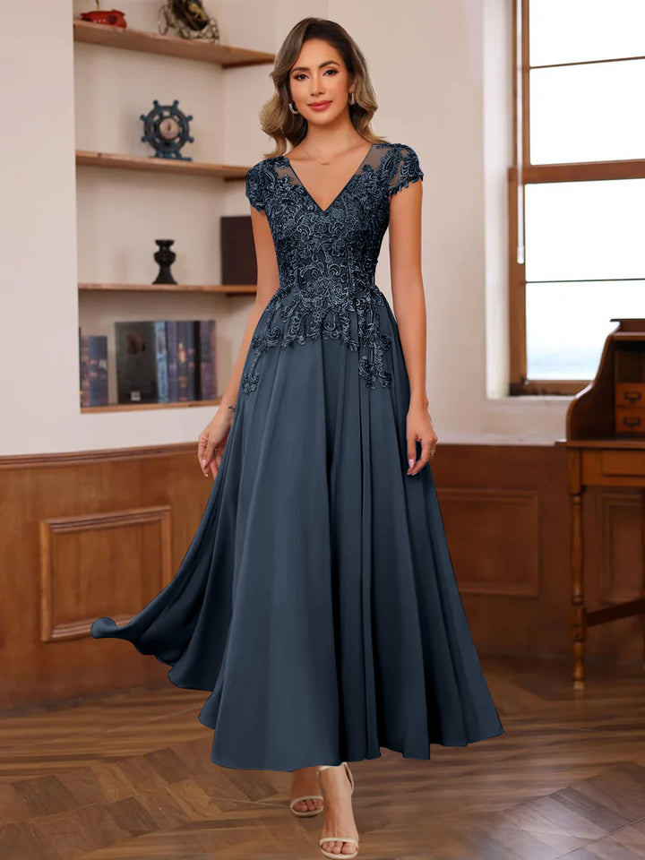 A-Line V-Neck Short Sleeves Ankle-Length Mother of the Bride Dresses w