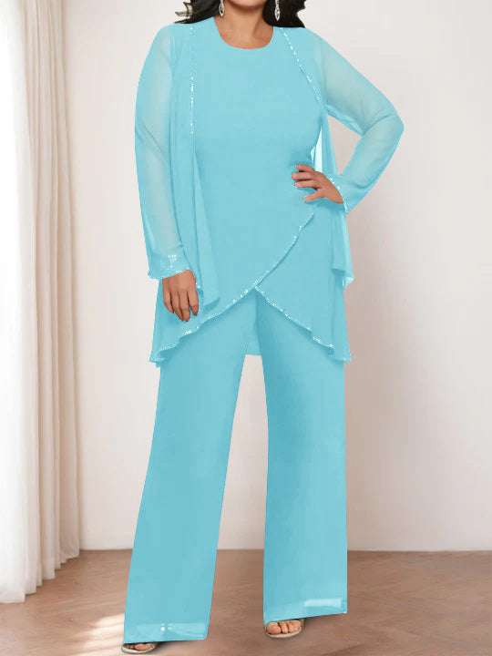 Chiffon Round Neck Mother of the Bride Pantsuits with Jacket