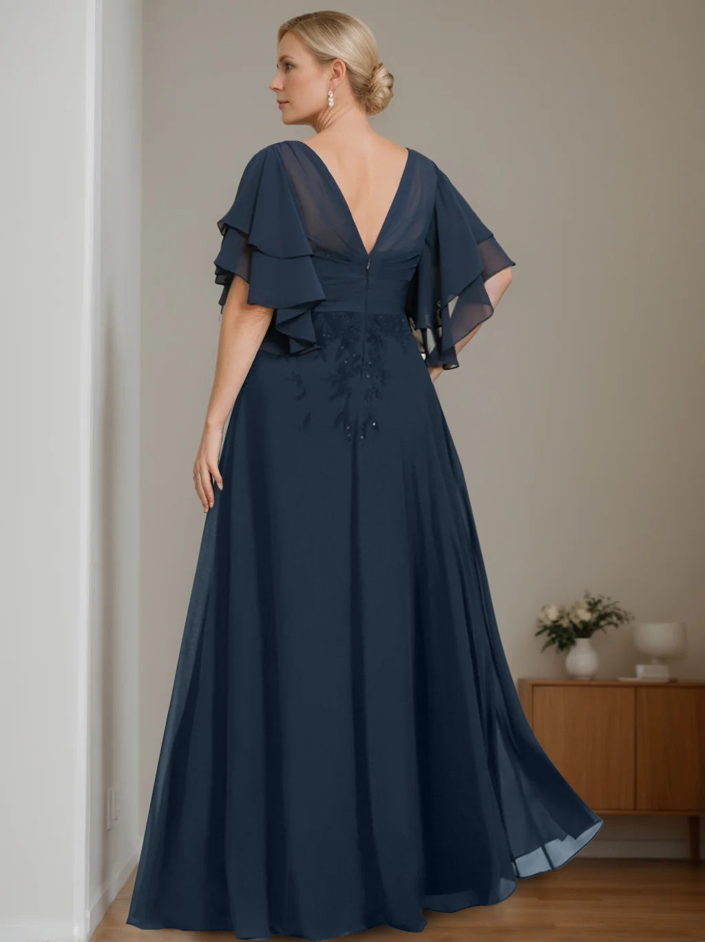 A-Line/Princess V-Neck Half Sleeves Floor-Length Unique Plus Size Mother of the Bride Dresses with Sequins & Ruffles