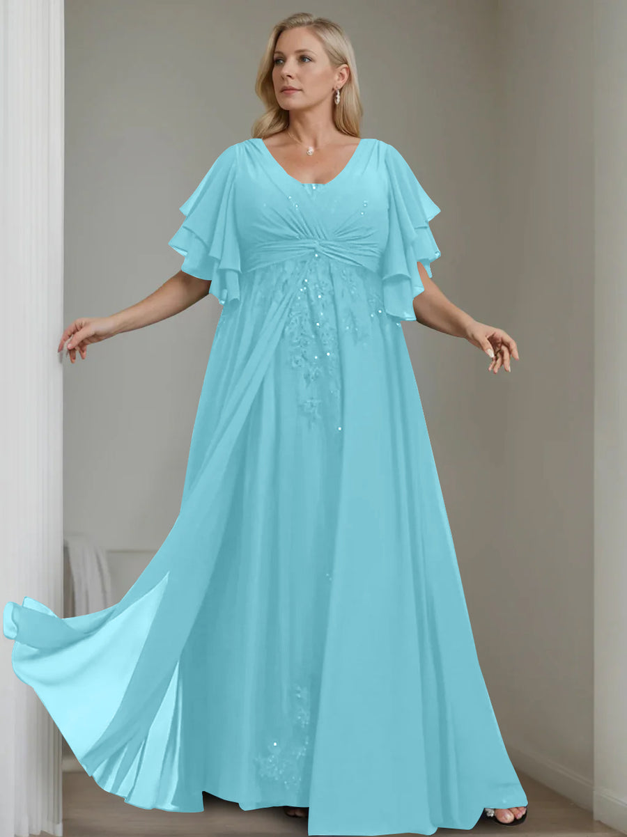A-Line/Princess V-Neck Half Sleeves Floor-Length Unique Plus Size Mother of the Bride Dresses with Sequins & Ruffles